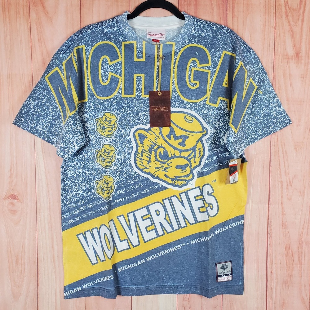 Michigan Wolverines Shirt Men Medium All Over Print Mitchell & Ness
